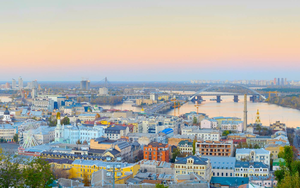 Sunset view of Podil - historical district on the bank of Dnipro river. Kyiv, Ukraine