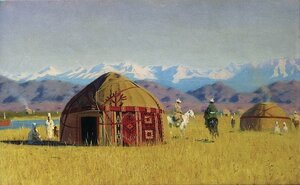 Painting of a group of huts in a field