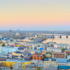 Sunset view of Podil - historical district on the bank of Dnipro river. Kyiv, Ukraine